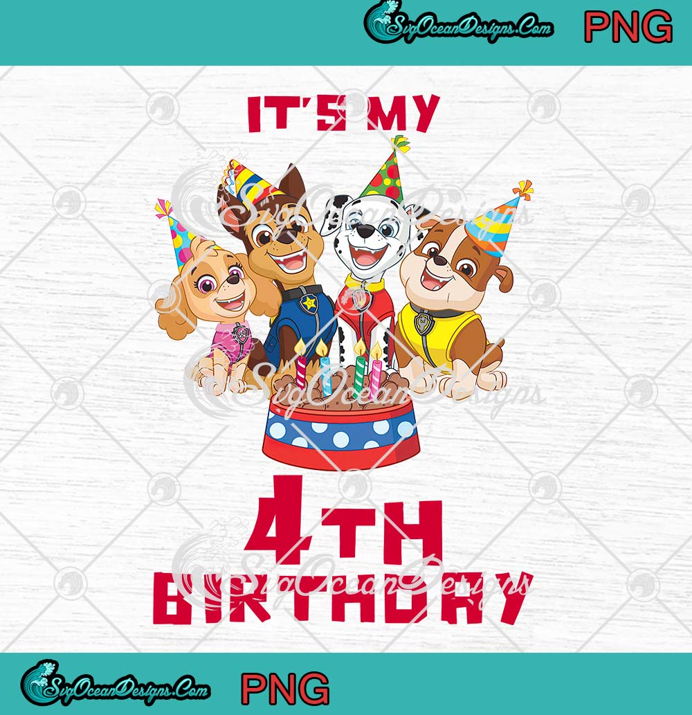 Paw Patrol characters celebrating a 4th birthday with cake and party hats.