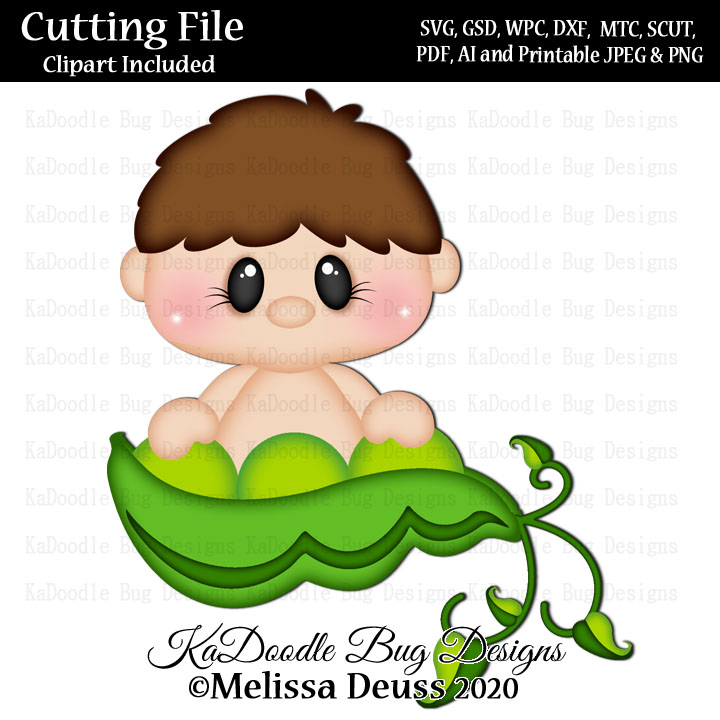 Cute cartoon baby sitting inside a green pea pod, designed as a cutting file with clipart included.