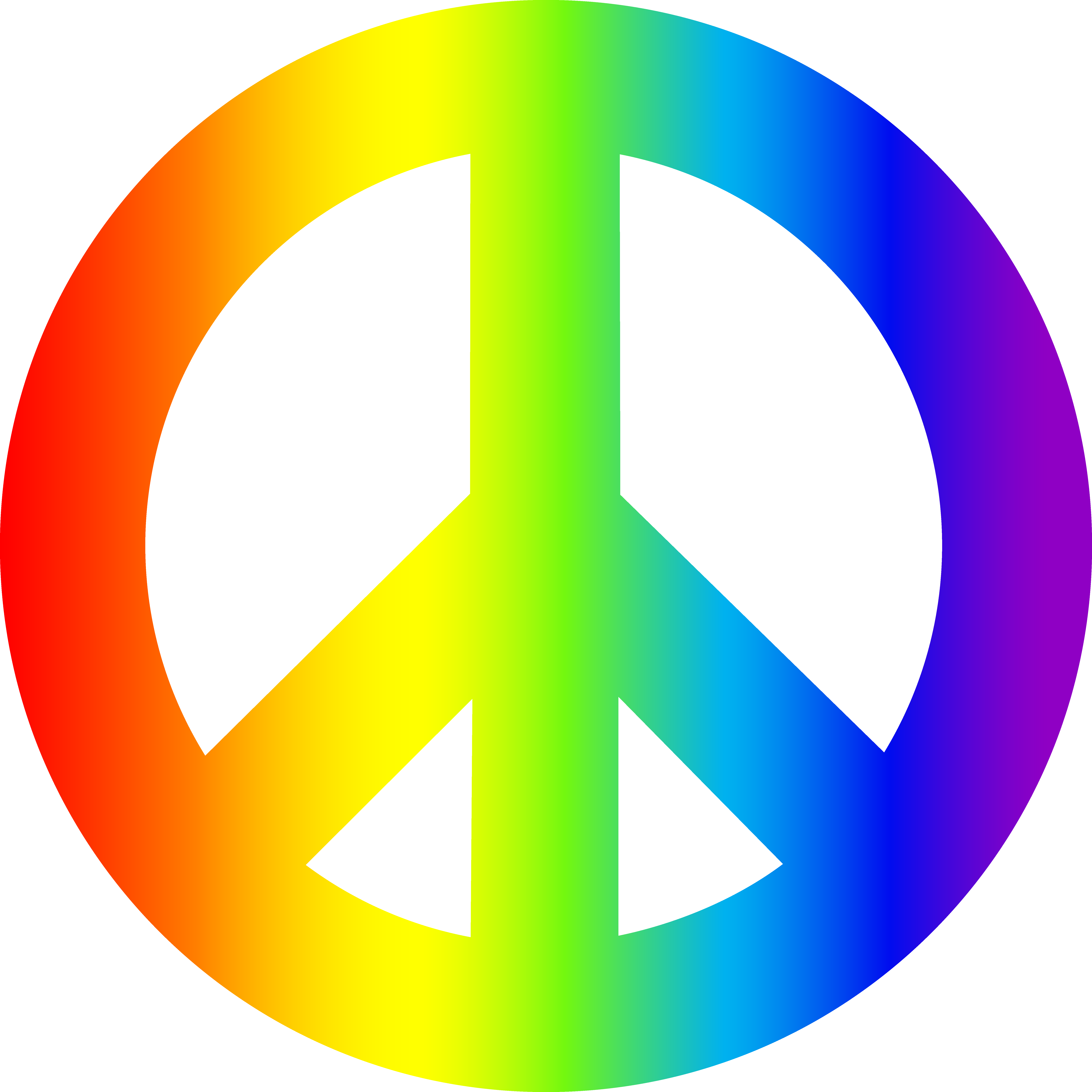 Rainbow-colored peace symbol with white inner design on transparent background.
