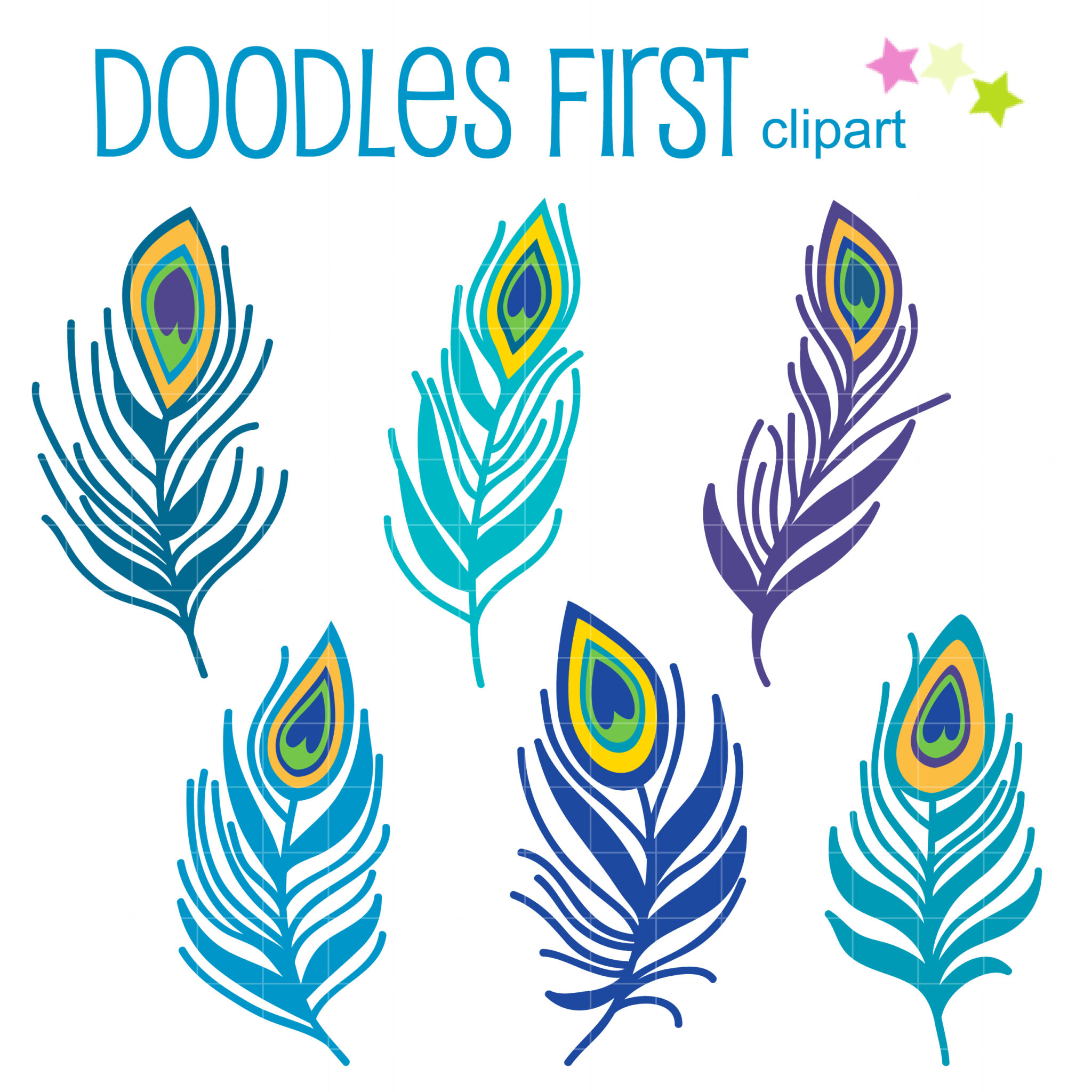 Six colorful stylized peacock feather clipart illustrations in blue, teal, purple, yellow, and green tones.