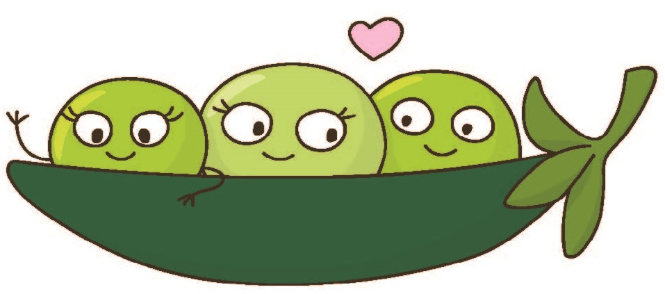 Three smiling cartoon peas in a pod with a pink heart above, symbolizing unity and love.
