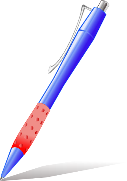 Blue ballpoint pen with red textured grip, silver clip, and metallic tip on white background.