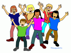 Diverse group of joyful children and adults raising arms in celebration, colorful cartoon illustration.