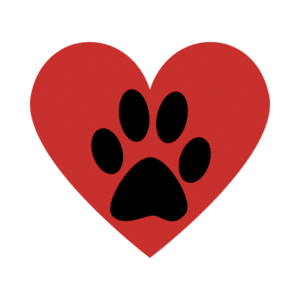 Red heart with black paw print inside, symbolizing love for pets or animal welfare.