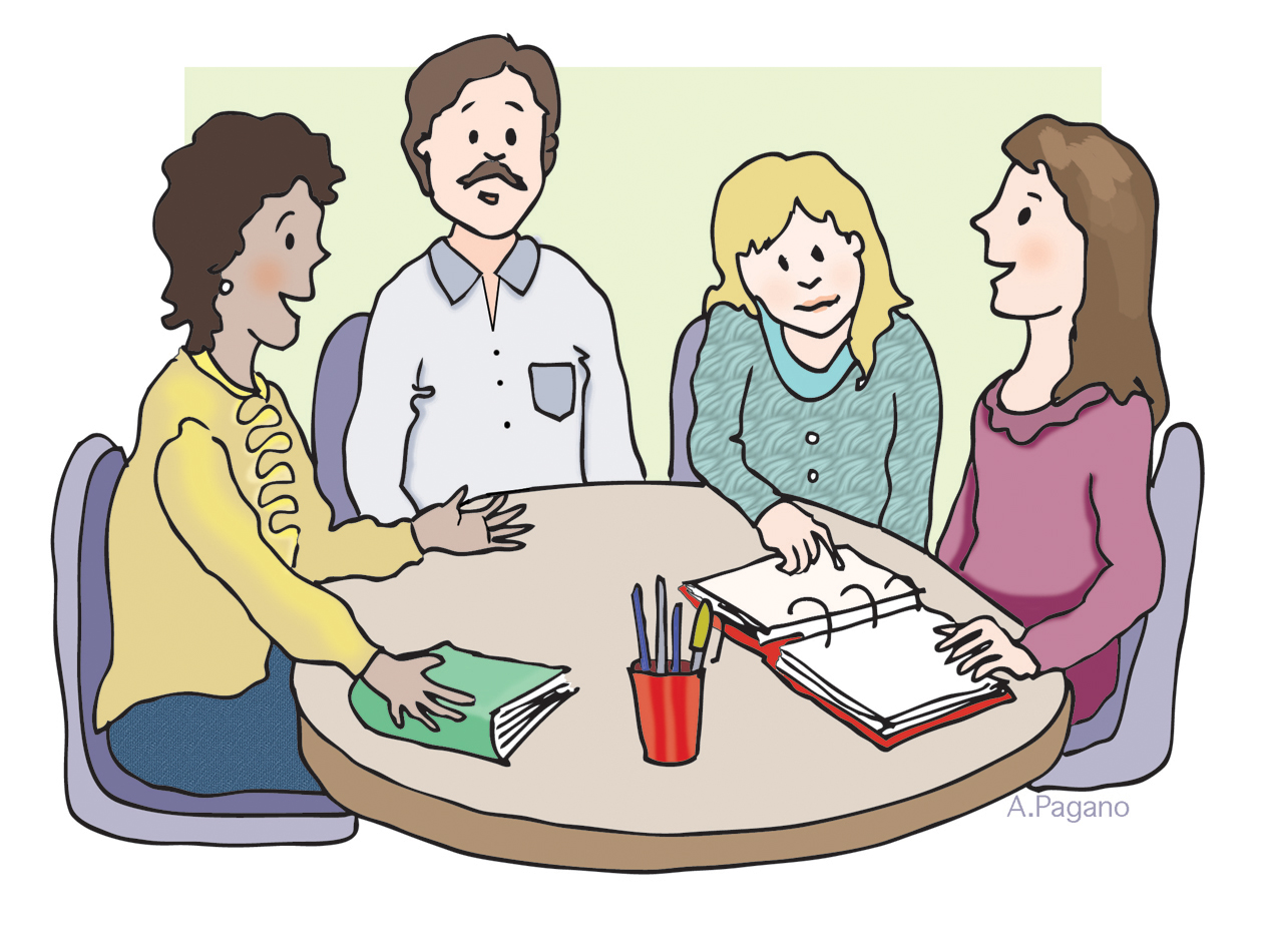 Four diverse adults engaged in a collaborative meeting around a round table with notebooks and pens.