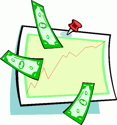 Green dollar bills flying around a rising red line graph pinned to a chart with a red thumbtack.