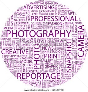 Heart-shaped word cloud with photography-related terms like "PHOTOGRAPHY", "CAMERA", "REPORTAGE", and "ART".