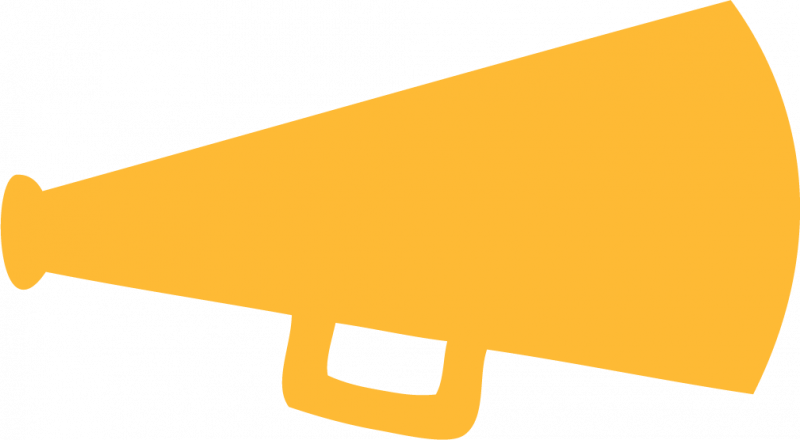 Bright yellow megaphone icon on black background, symbolizing announcement, amplification, or public speaking.