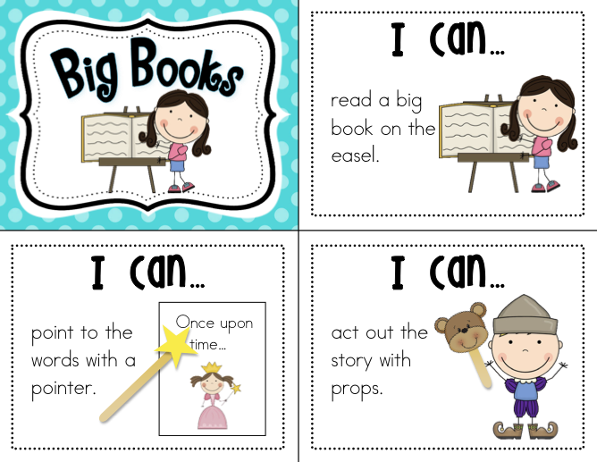 Four illustrated classroom cards showing literacy activities: reading big books, pointing with a pointer, and acting out stories with props.