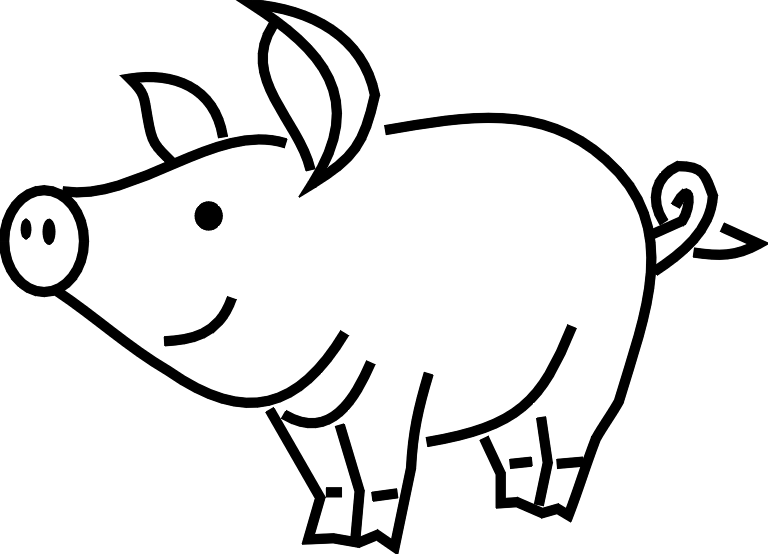 Playful cartoon pig with curly tail, smiling face, and trotting legs-simple black-and-white line drawing.