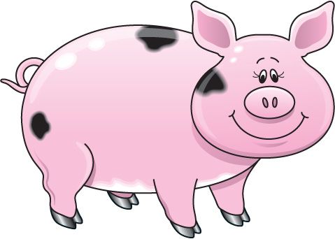 Pink cartoon pig with black spots, smiling face, and curly tail standing sideways.