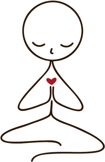 Simple line drawing of a meditating stick figure with closed eyes, hands in prayer position, and a red heart at the chest.