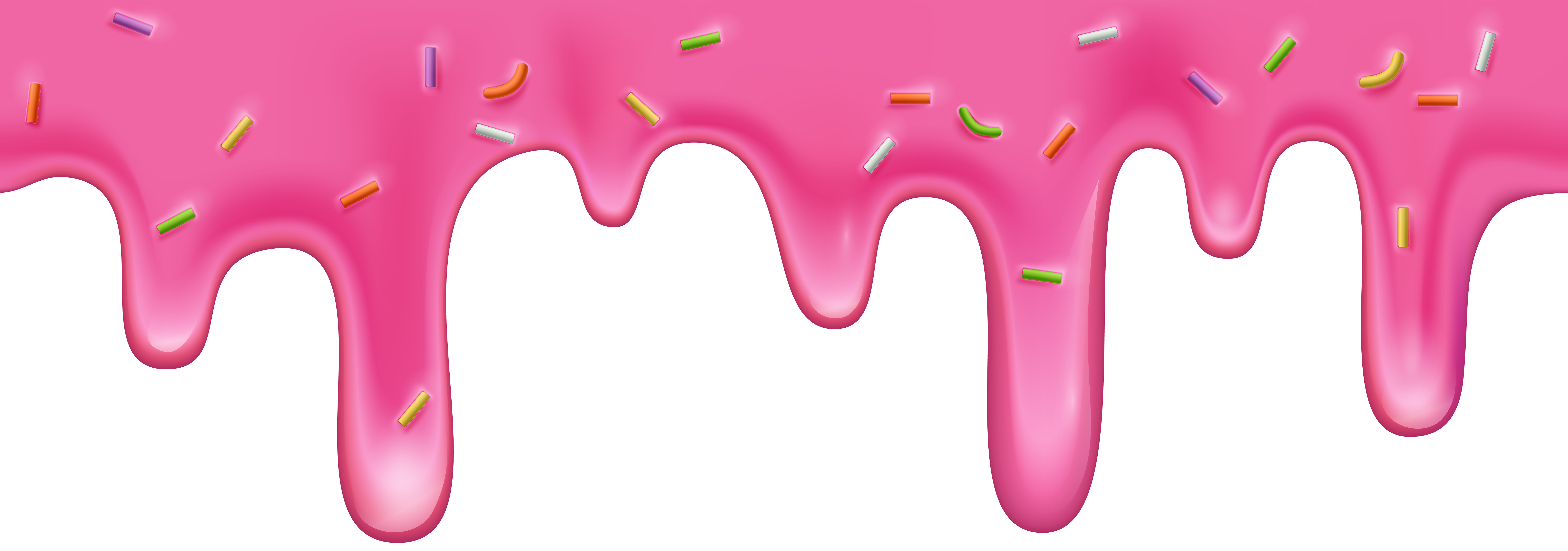 Vibrant pink icing dripping down with colorful candy sprinkles scattered on top.