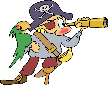 Cartoon pirate with eye patch, parrot on shoulder, and spyglass scanning horizon.