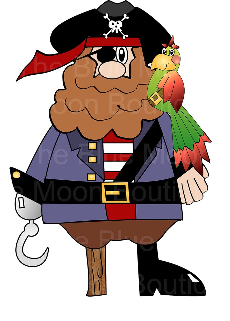Cartoon pirate with eye patch, hook hand, wooden leg, and parrot on shoulder.