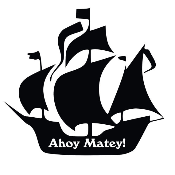 Black silhouette of a pirate ship with sails and "Ahoy Matey!" text below.