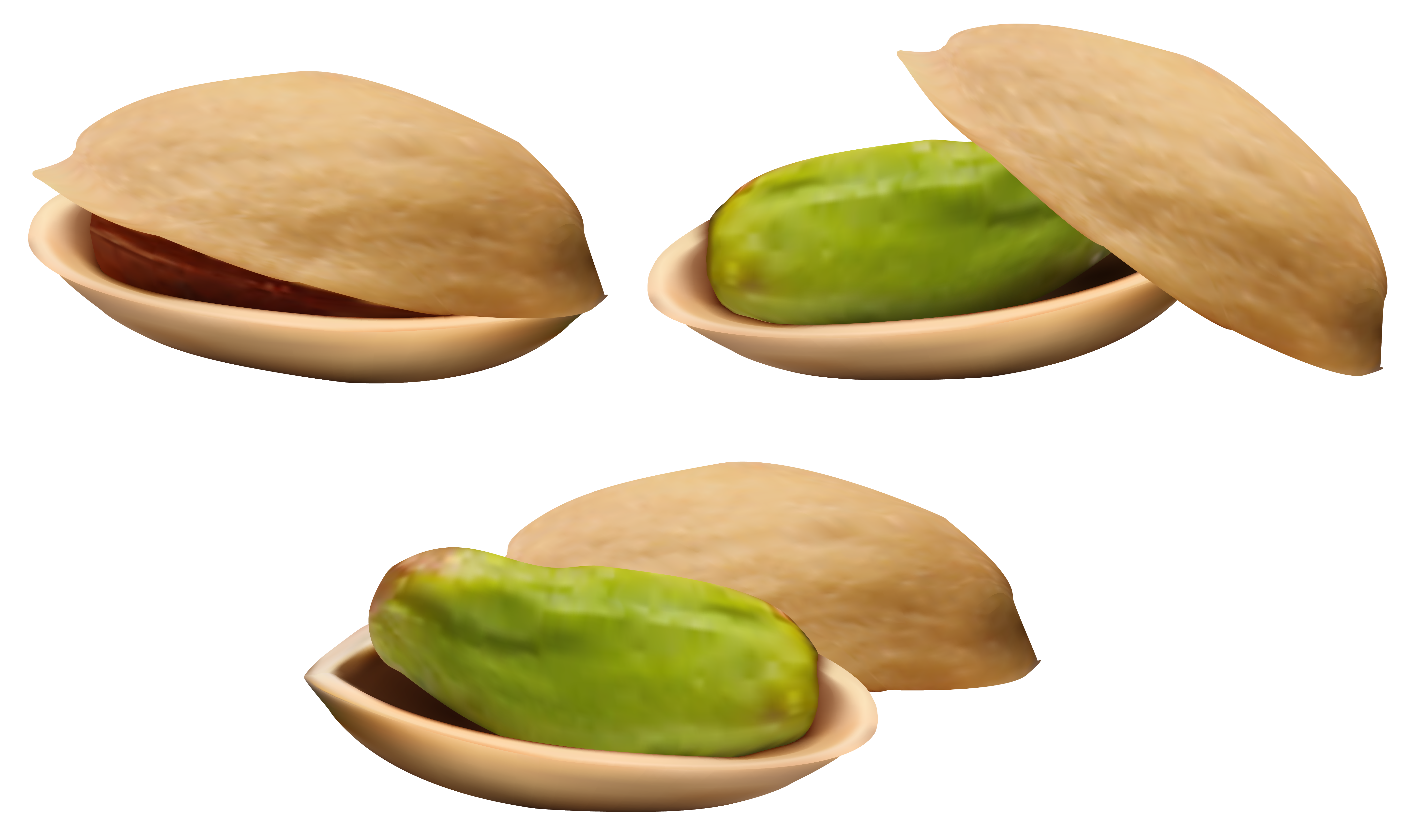 Three pistachios shown in various states: whole, cracked open revealing green kernel, and fully shelled.