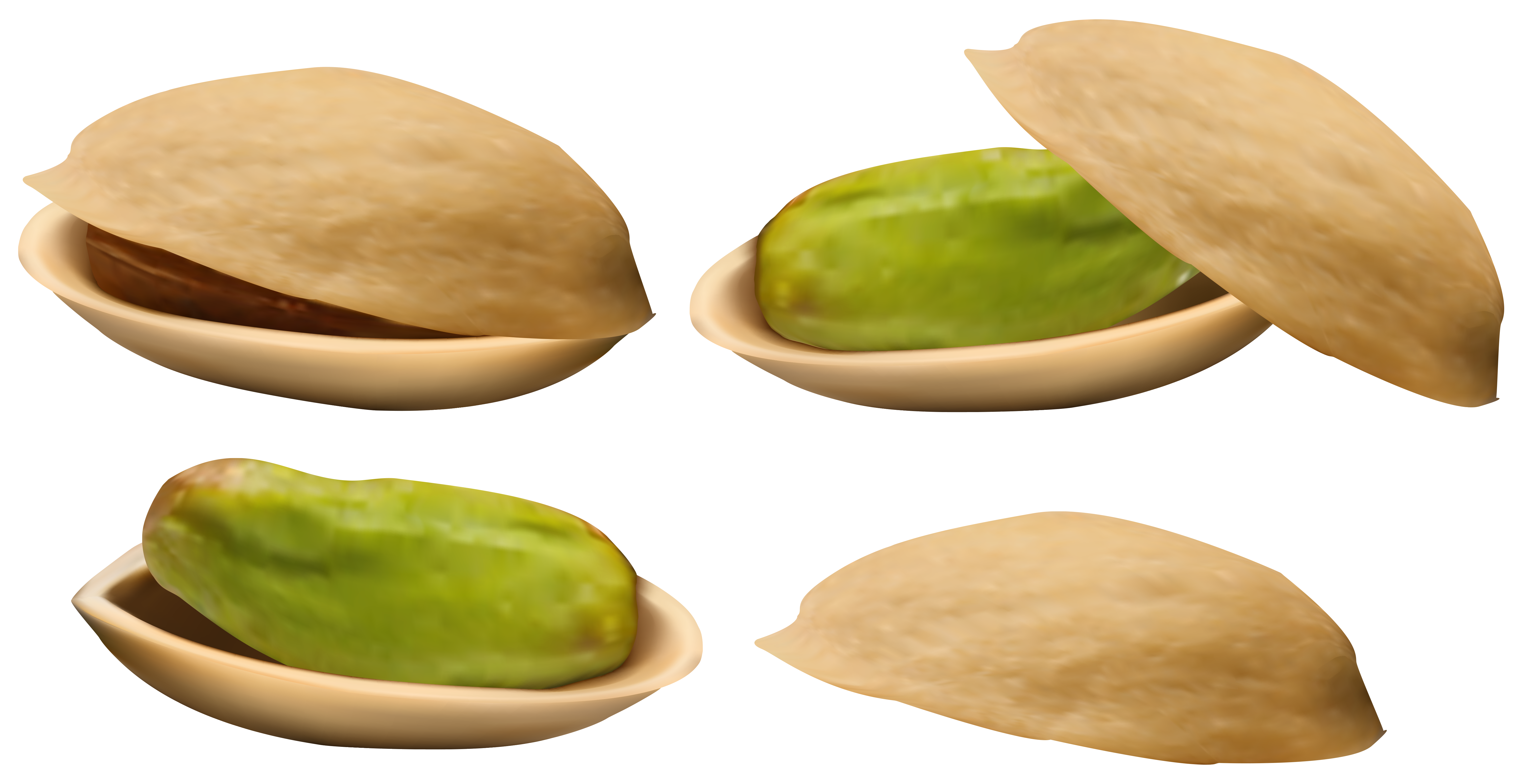 Four pistachios shown in various states: whole, cracked open revealing green kernel, and shell separated.