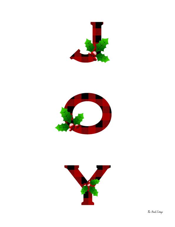 "JOY" in red-and-black plaid letters decorated with holly and berries, festive holiday design.