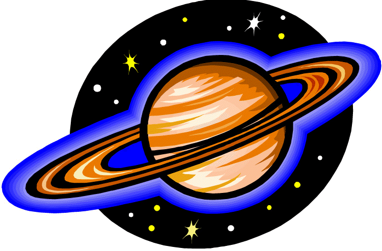 A cartoon-style illustration of Saturn with prominent rings, set against a starry black background.