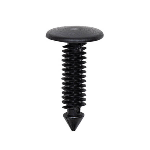 Black plastic push-in fastener with ribbed shaft, flat head, and conical tip for automotive trim installation.