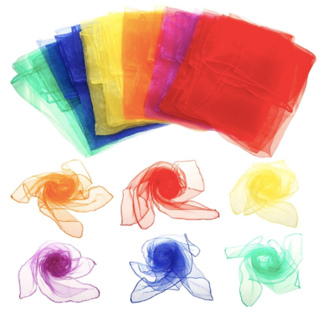 Colorful sheer fabric squares and swirled rosettes in rainbow hues for crafts, dance, or decoration.