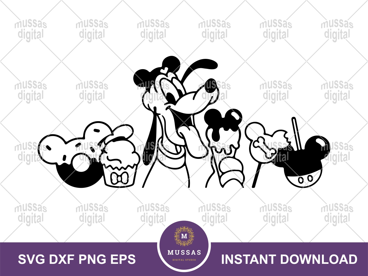 Pluto the Disney dog enjoying Mickey-themed treats including cupcakes, lollipops, and snacks in black-and-white SVG style.
