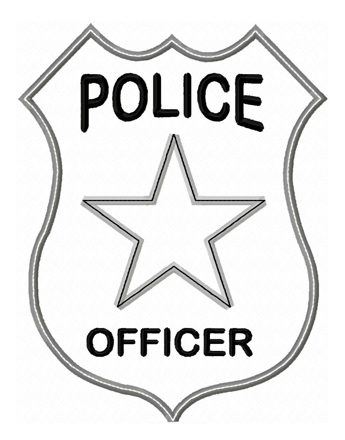 Black-and-white police officer badge with star emblem and bold text.