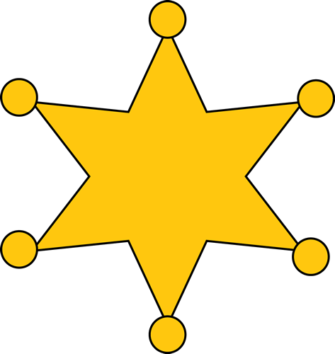 Yellow six-pointed sheriff star badge with circular tips, iconic Western law enforcement symbol.