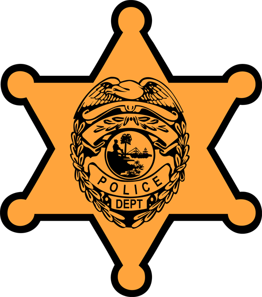 Orange six-pointed police badge star with eagle, laurel wreath, and "POLICE DEPT" text.