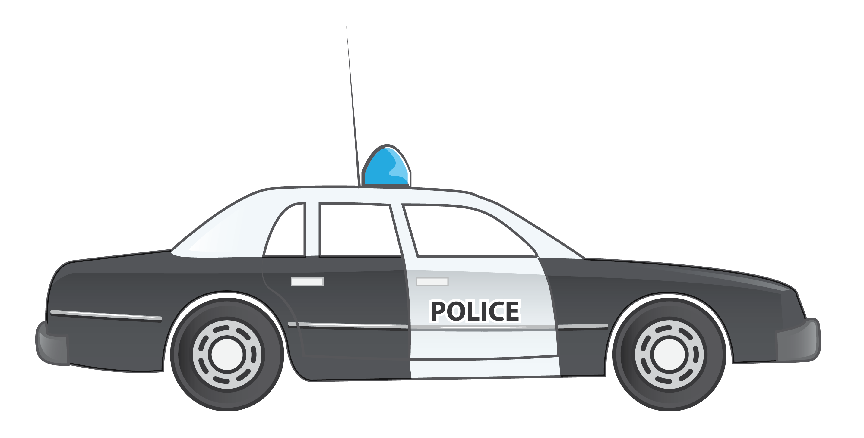 Classic black-and-white police cruiser with blue light bar and "POLICE" side marking.
