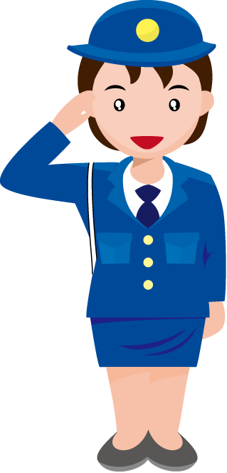 Female security officer in blue uniform saluting with cap and badge