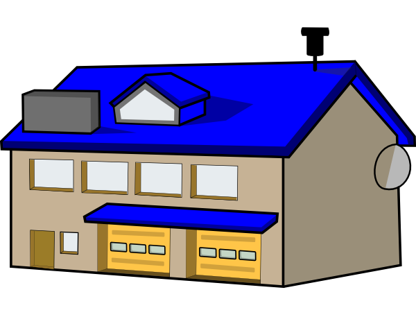 Two-story beige house with blue roof, two yellow garage doors, dormer window, chimney, and satellite dish.