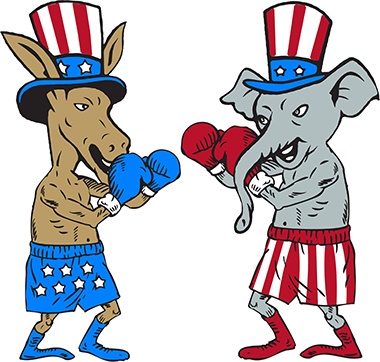 A cartoon donkey and elephant in boxing gloves, wearing patriotic hats and shorts, facing off as political symbols.