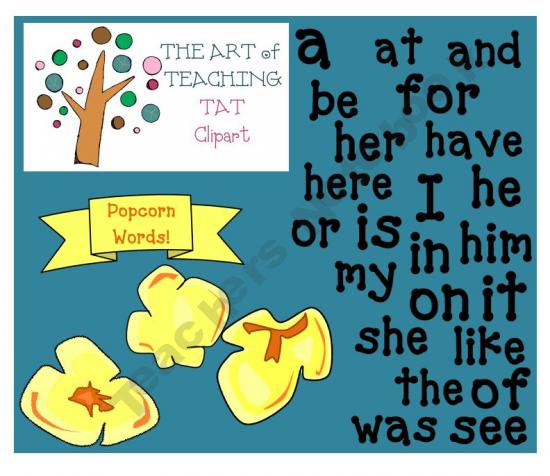 Educational graphic showing high-frequency sight words with popcorn theme and "The Art of Teaching" logo.