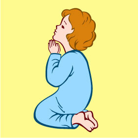 A young child with curly red hair kneels in prayer, hands clasped, eyes closed, wearing blue pajamas against a yellow background.