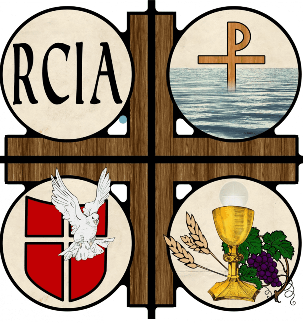 RCIA logo with four quadrants: RCIA text, Chi-Rho over water, dove on red cross shield, and chalice with wheat and grapes.