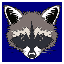 Stylized raccoon face illustration with black mask, white muzzle, and gray fur on blue background.