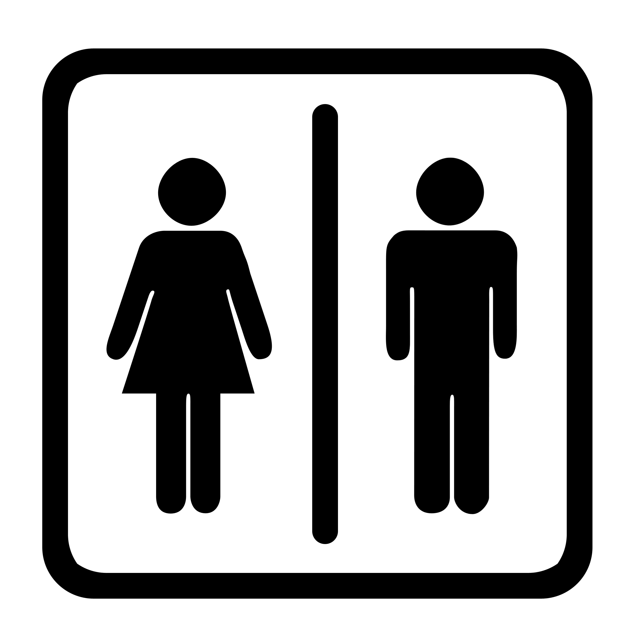 Universal restroom sign showing male and female pictograms separated by a vertical line within a rounded square border.