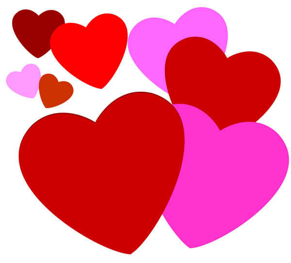 A cluster of colorful hearts in shades of red, pink, and magenta, varying in size and overlapping on a white background.