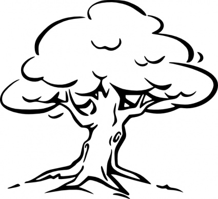 Black-and-white line drawing of a stylized tree with thick trunk, spreading branches, and cloud-like canopy.