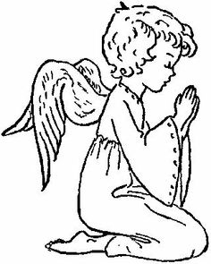 A black-and-white line drawing of a kneeling angel child with wings, hands clasped in prayer.