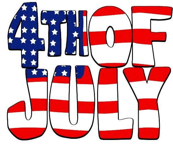 Patriotic "4th of July" text styled with American flag colors and patterns-stars and stripes fill the letters.