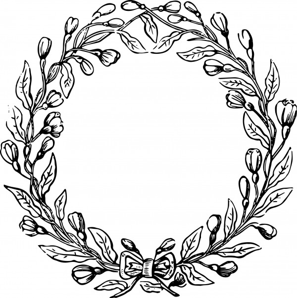 Black-and-white line drawing of a floral wreath with leaves, buds, and a central bow.