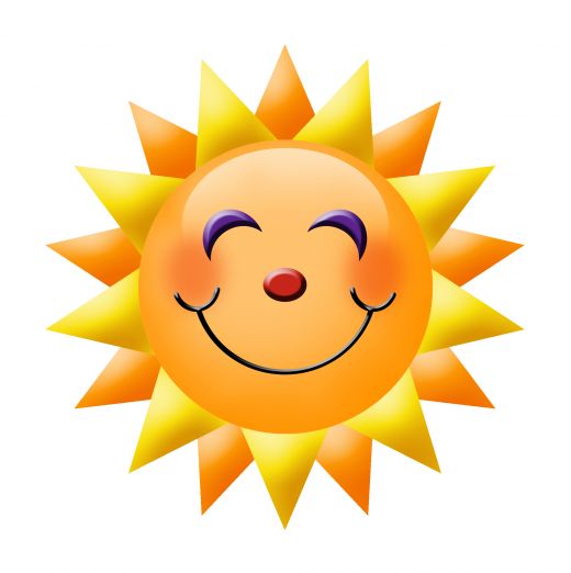 Smiling cartoon sun with closed eyes, rosy cheeks, and radiant yellow-orange rays.