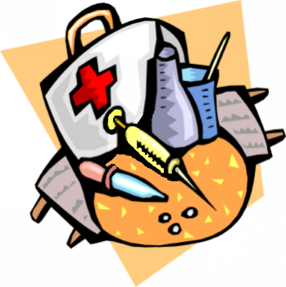 Cartoon-style medical kit with first aid bag, syringe, vial, scissors, and bandages on a yellow background.