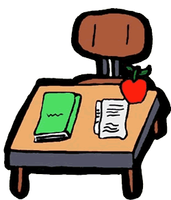 A cartoon-style study desk with a green notebook, crumpled paper, red apple, and brown chair.
