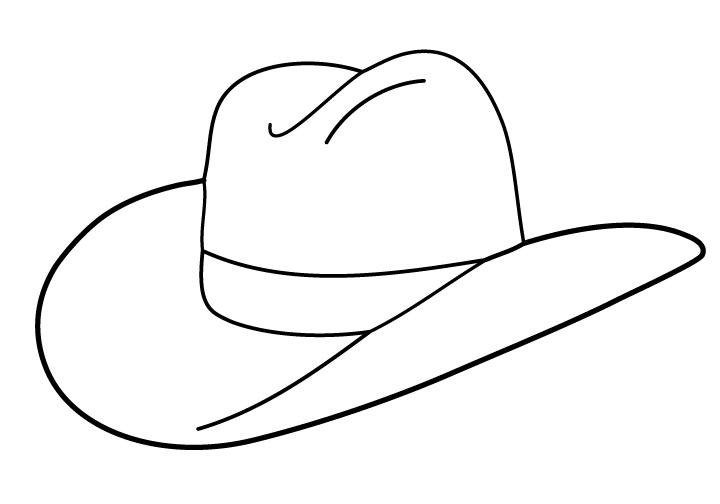 Simple black-and-white line drawing of a classic cowboy hat with wide brim and creased crown.