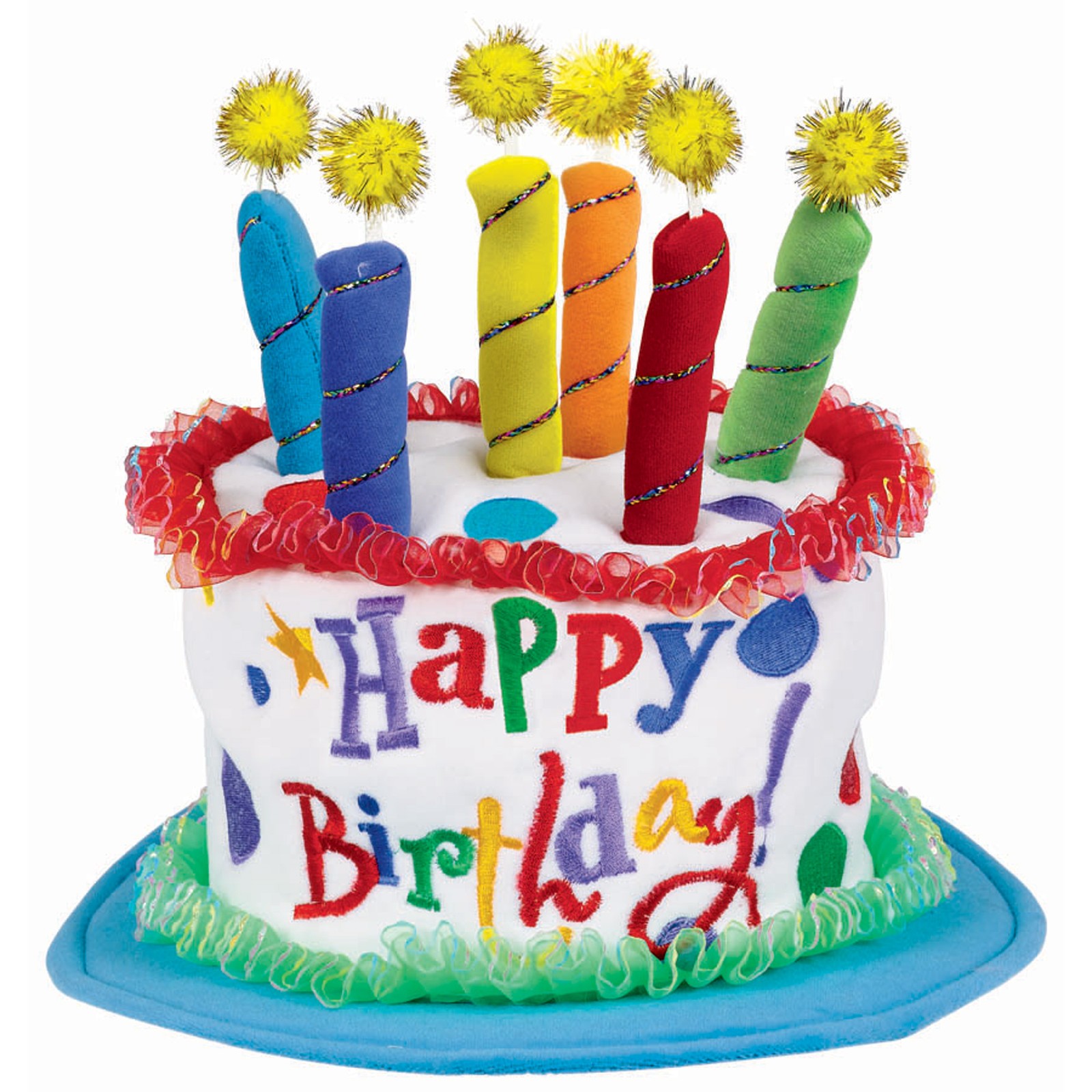 Colorful plush birthday cake hat with six fabric candles and "Happy Birthday!" embroidery.