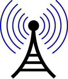 Black radio tower icon emitting blue concentric wireless signal waves on white background.